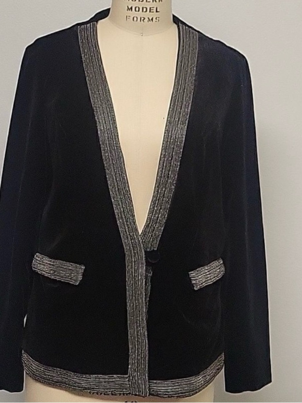 Antthony Black Velvet Jacket Silver Beaded Trim Large